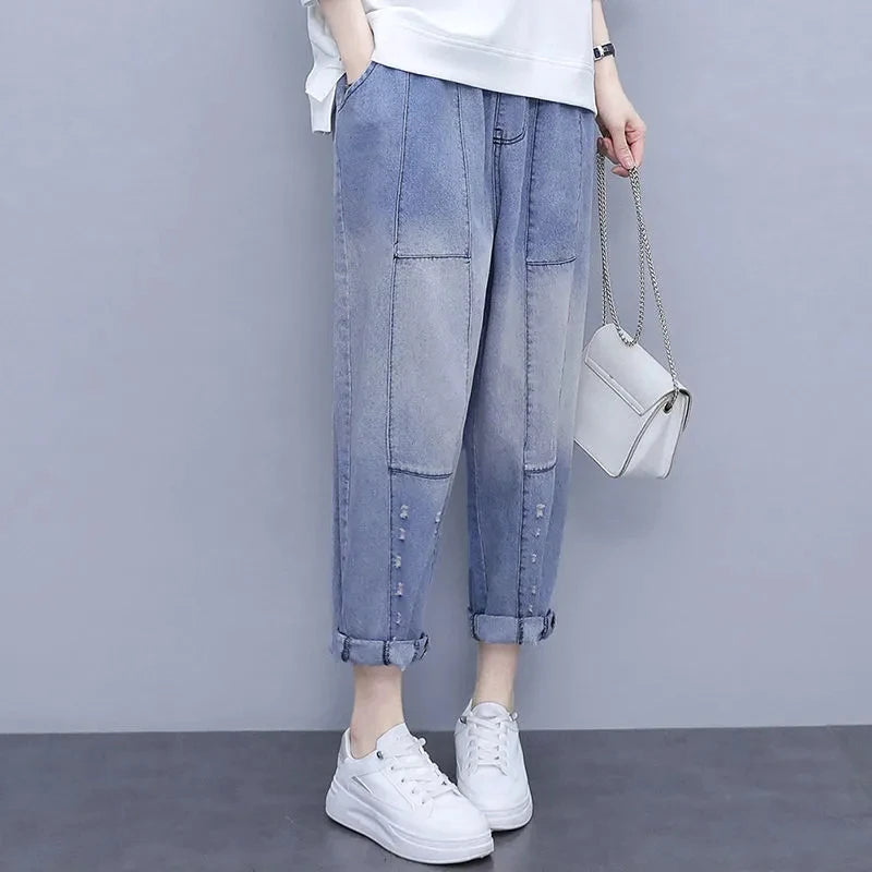 Summer Pant Suits Women's Cotton Top +Jeans Trousers Sets Femme O Neck T-Shirt +Jean Pants New Two-Piece Set Woman High Waist