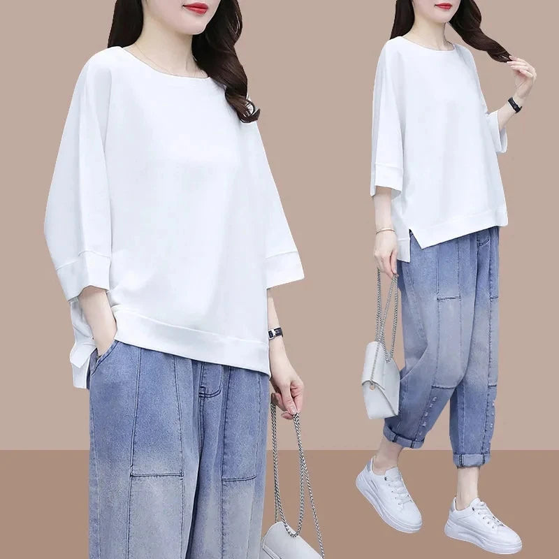 Summer Pant Suits Women's Cotton Top +Jeans Trousers Sets Femme O Neck T-Shirt +Jean Pants New Two-Piece Set Woman High Waist