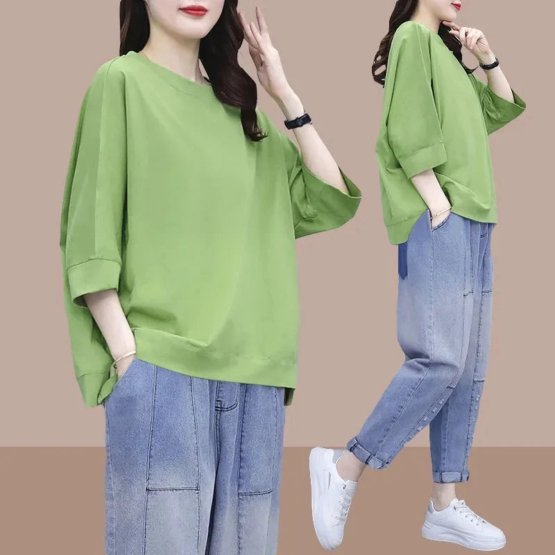 Summer Pant Suits Women's Cotton Top +Jeans Trousers Sets Femme O Neck T-Shirt +Jean Pants New Two-Piece Set Woman High Waist