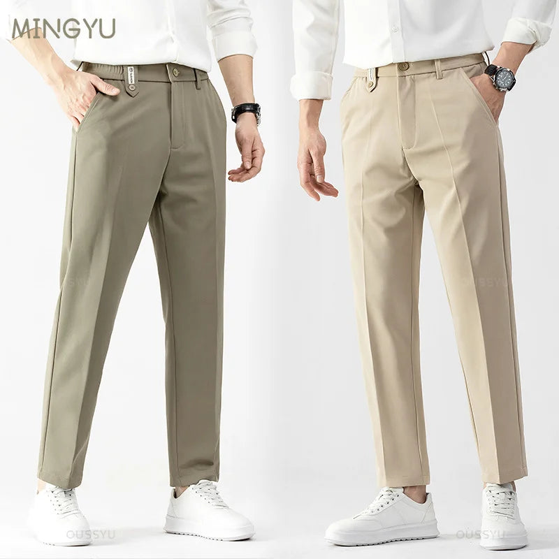 Spring Summer Smooth Khaki Pants Men Business Suit Pant Solid Color Stretch Casual Brand Clothing Suit Trousers Male 28-38