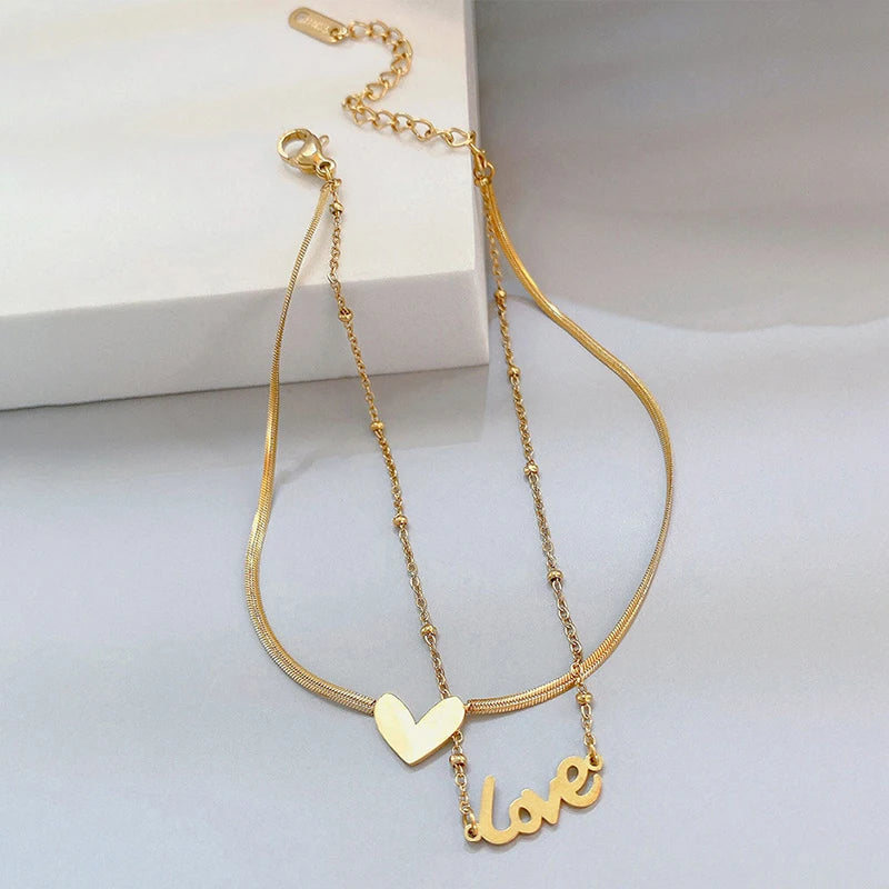 Luxury Brand Jewelry Double Layer Heart Love Letter Anklet Snake Chain Women Gold Color Stainless Steel Ladies Jewelry Not Fade