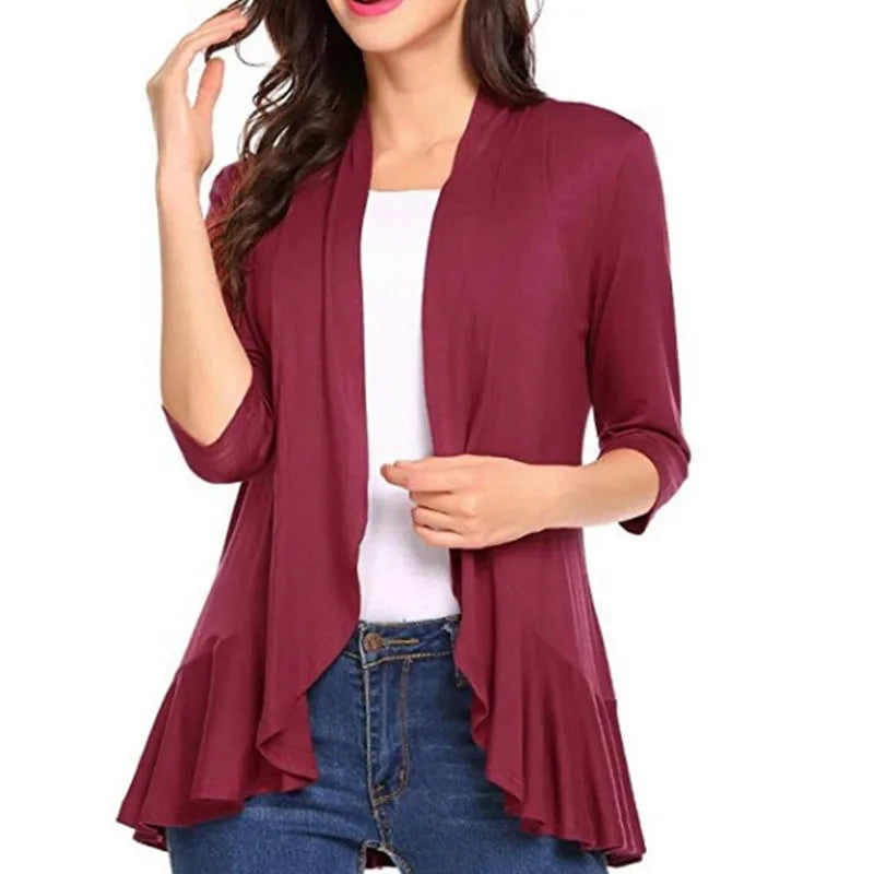 Women's Cardigan Spring Summer Autumn Clothing Solid Color Slim Top Ruffle Hem Three Quarter Sleeve Thin Simple Coat Black Blue