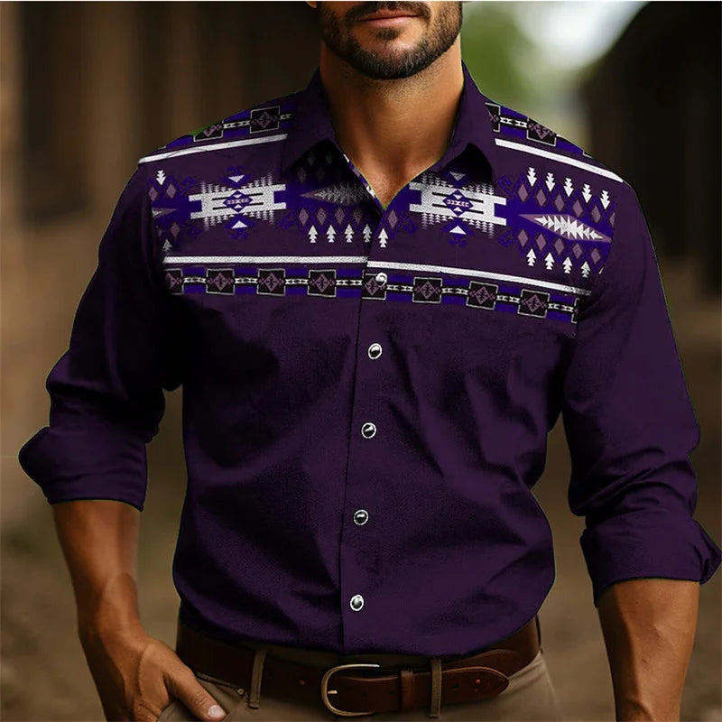 Western Style New Men's Long Sleeve Blouse Men Slim Shirt Social Wear Ethnic Retro Tribal Clothing Male Camisas Casuais Dress