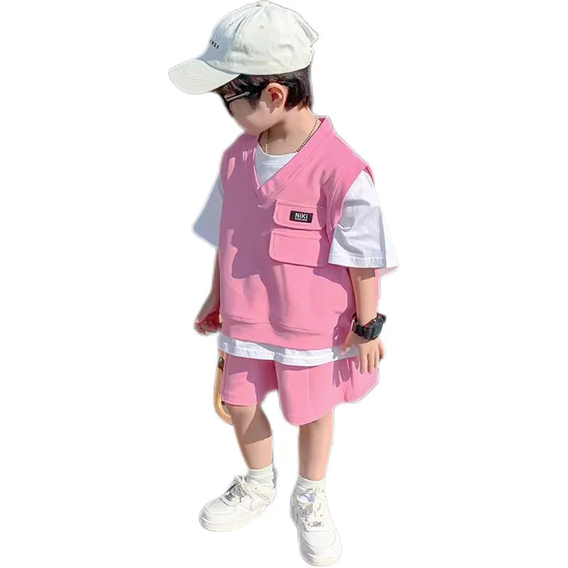 Children Sets Kids Cloths Boys Summer Suit Short-sleeved Top + Loose Shorts Two-piece Set for Outer Wear Loungwear Outfit