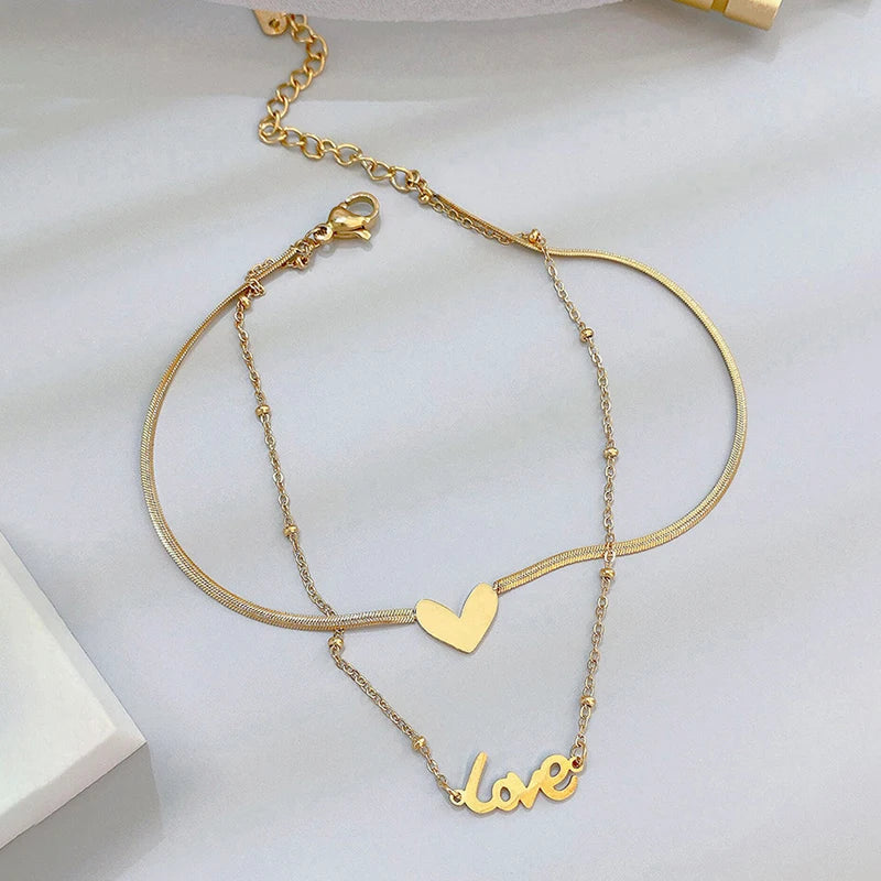 Luxury Brand Jewelry Double Layer Heart Love Letter Anklet Snake Chain Women Gold Color Stainless Steel Ladies Jewelry Not Fade