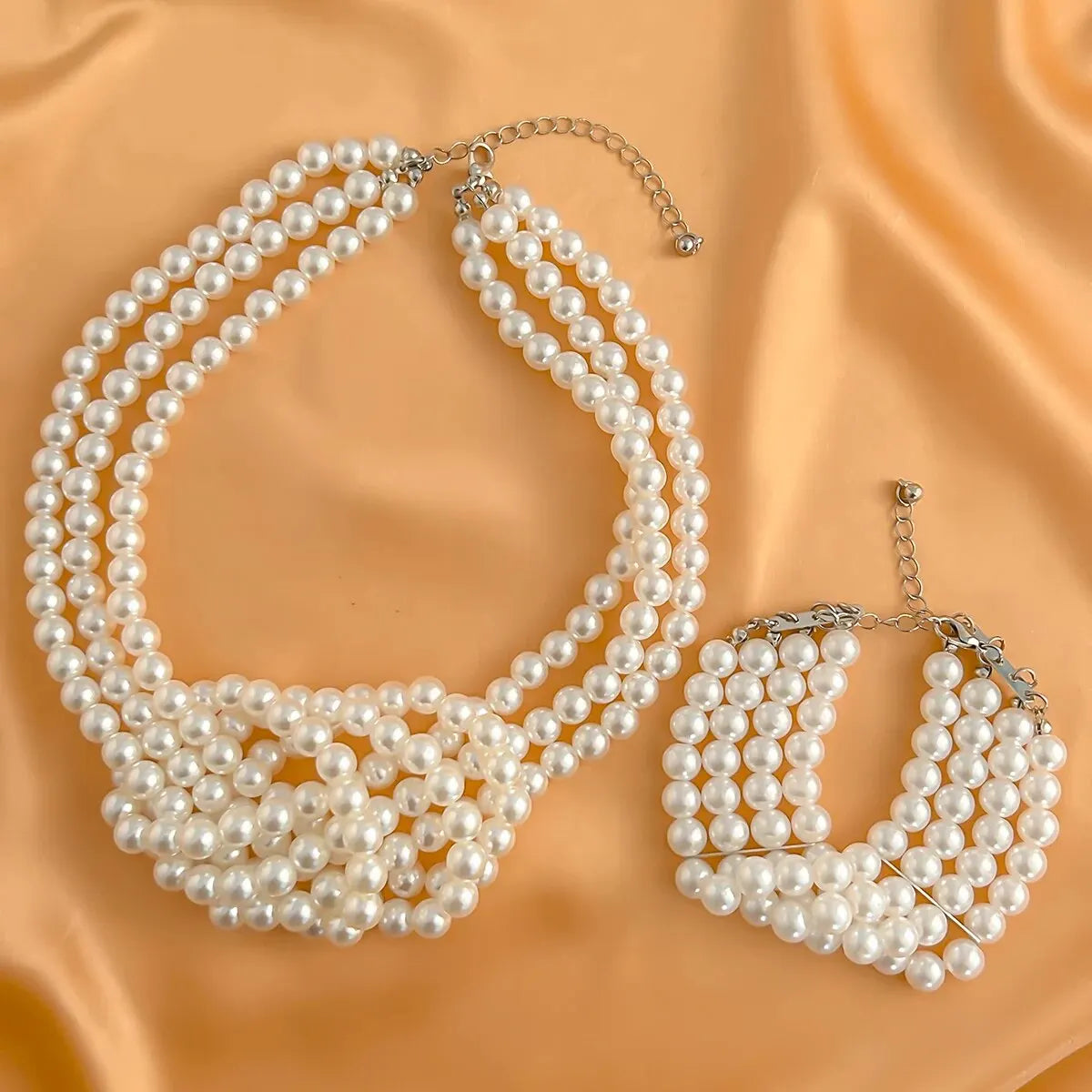 Korean Style 2Pcs Vintage White Imitation Pearl Necklace and Bracelet Jewelry Set for Women - Aesthetic Y2K Fashion