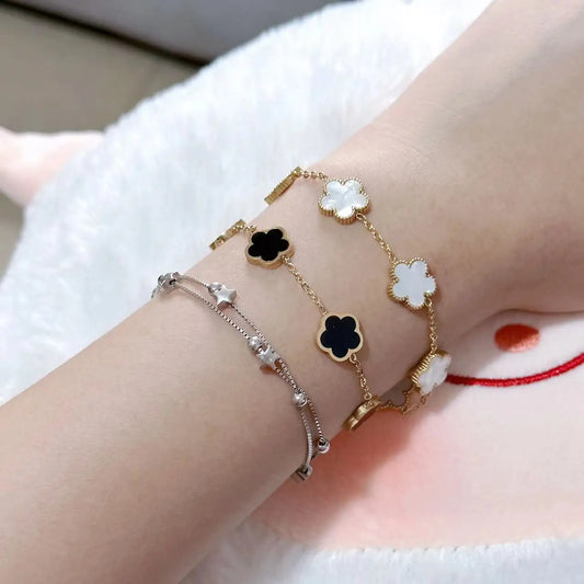 Sweet And Cute Plum Blossom New Design Plant Five Leaf Flower Adjustable Bracelet Women's Luxury Shell Stainless Steel Clover