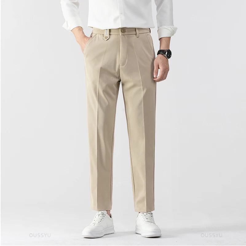 Spring Summer Smooth Khaki Pants Men Business Suit Pant Solid Color Stretch Casual Brand Clothing Suit Trousers Male 28-38