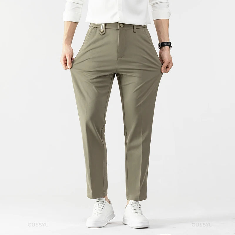 Spring Summer Smooth Khaki Pants Men Business Suit Pant Solid Color Stretch Casual Brand Clothing Suit Trousers Male 28-38