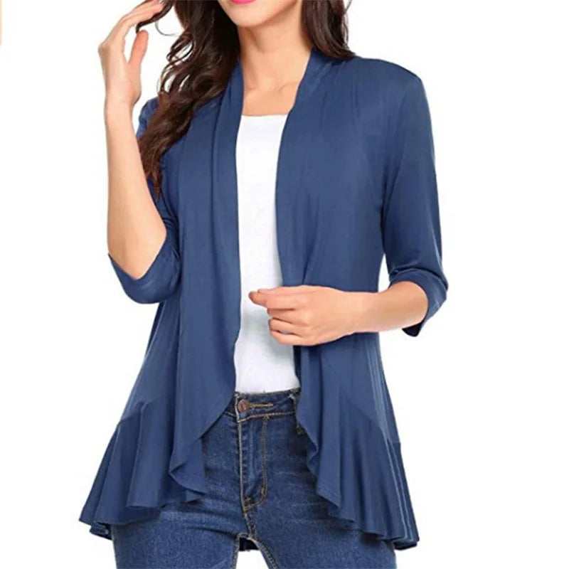 Women's Cardigan Spring Summer Autumn Clothing Solid Color Slim Top Ruffle Hem Three Quarter Sleeve Thin Simple Coat Black Blue