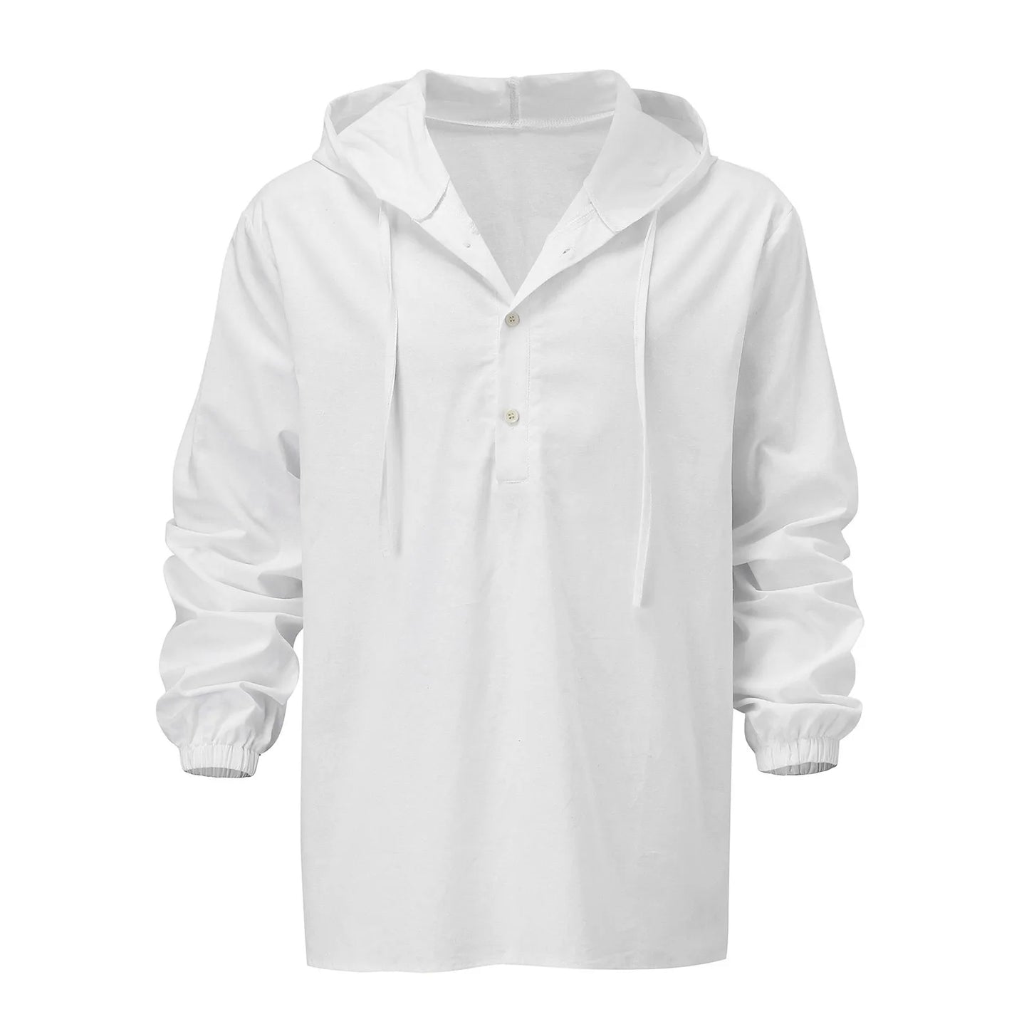 Men'S Cotton Linen Hooded Shirts Classic Solid Color Drawstring Button Long Sleeve Top Shirts Outdoor Sports Leisure Clothing