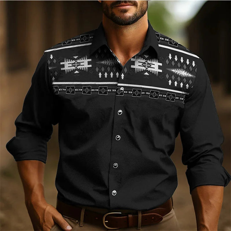 Western Style New Men's Long Sleeve Blouse Men Slim Shirt Social Wear Ethnic Retro Tribal Clothing Male Camisas Casuais Dress