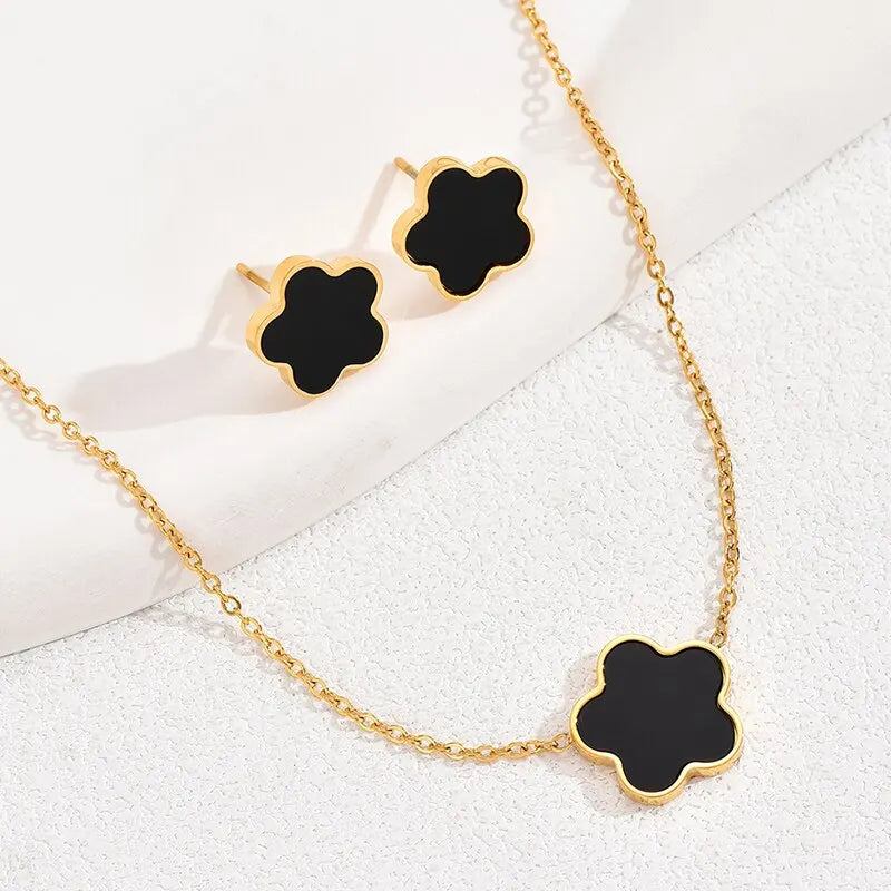 Women Shell Flower Necklace Stud Earring Set Women Black White Color Pendant Earring 2 Pcs Jewelry Set Fashion Style Daily Wear