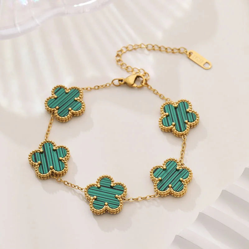 New Stainless Steel 15mm Plant Five Leaf Flower Double-Sided Adjustable Bracelet Waterproof High-Quality Clover