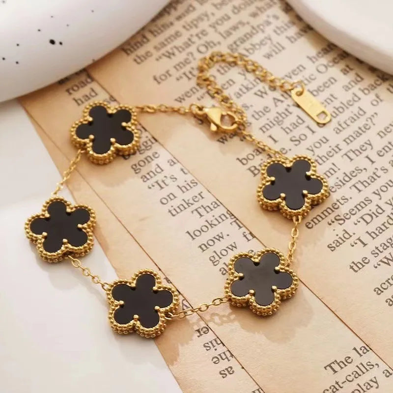 New Stainless Steel 15mm Plant Five Leaf Flower Double-Sided Adjustable Bracelet Waterproof High-Quality Clover