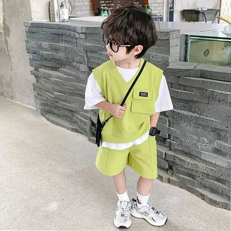 Children Sets Kids Cloths Boys Summer Suit Short-sleeved Top + Loose Shorts Two-piece Set for Outer Wear Loungwear Outfit