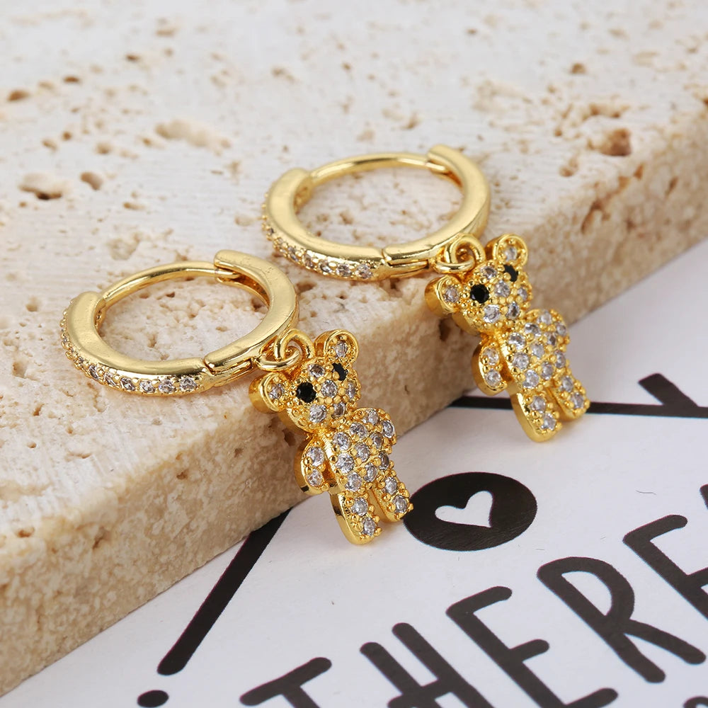 Dancing Cute Teddy Bear Diamond Inlaid 18K Gold-Plated Luxury Lady Ear Clasp Bride's Creative Gift Earrings Simple