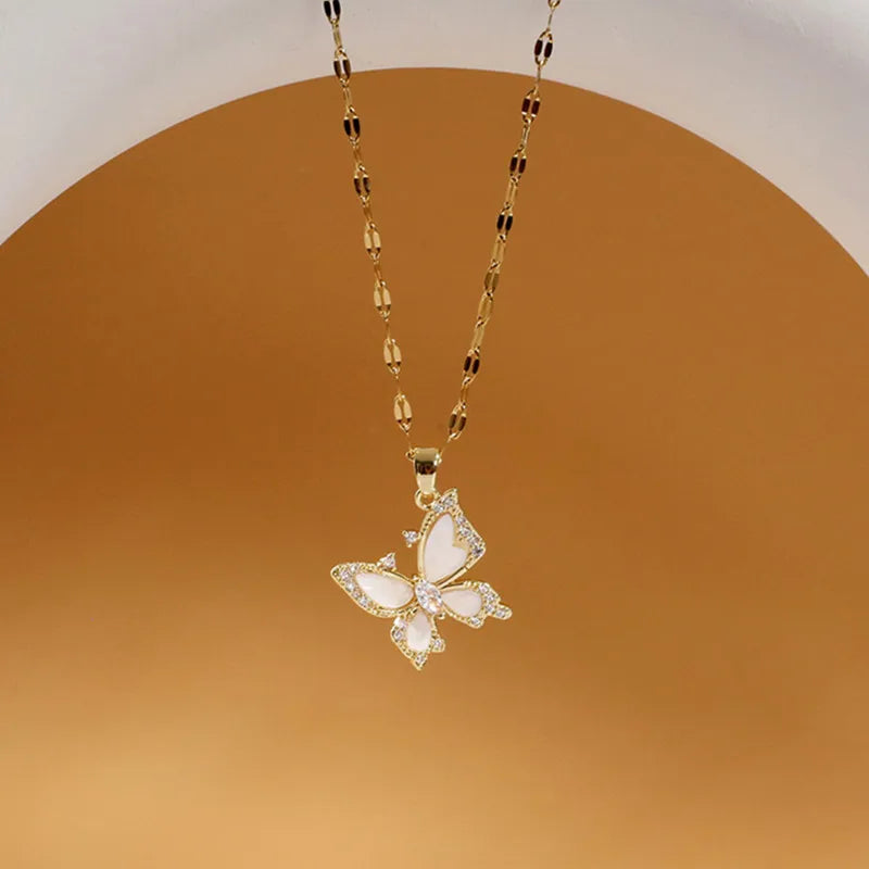 Fashion Gold Color Chains Choker Necklace Women Crystal Cubic Zirconia Shining Butterfly Pendant Necklaces Women's Accessories