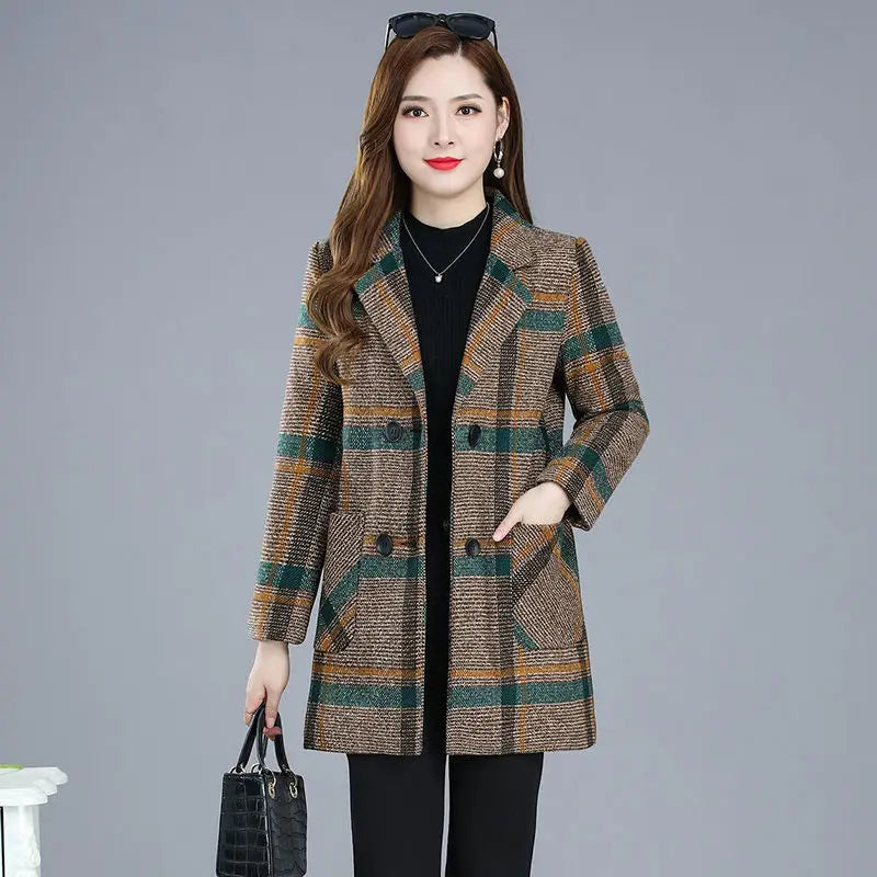 Mother's clothing Plaid Woolen Jacket 5xl Autumn Winter Female Thicken Slim Middle length Outwear Korea Women's Casual Wool Coat