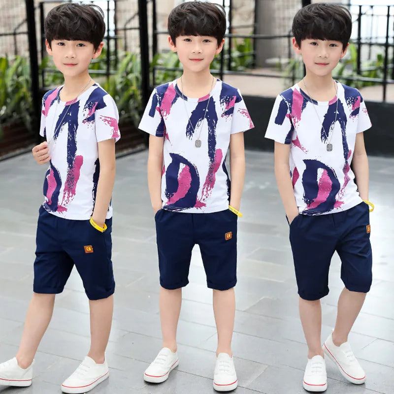 Boys Kids 2024 New summer outfits Cotton Teenage Boys Clothing casual Suit Children Short Sleeve Shirt Shorts Set 4 6 8 12 Years