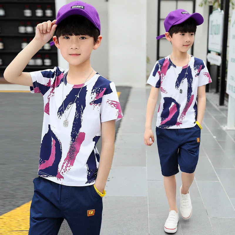 Boys Kids 2024 New summer outfits Cotton Teenage Boys Clothing casual Suit Children Short Sleeve Shirt Shorts Set 4 6 8 12 Years