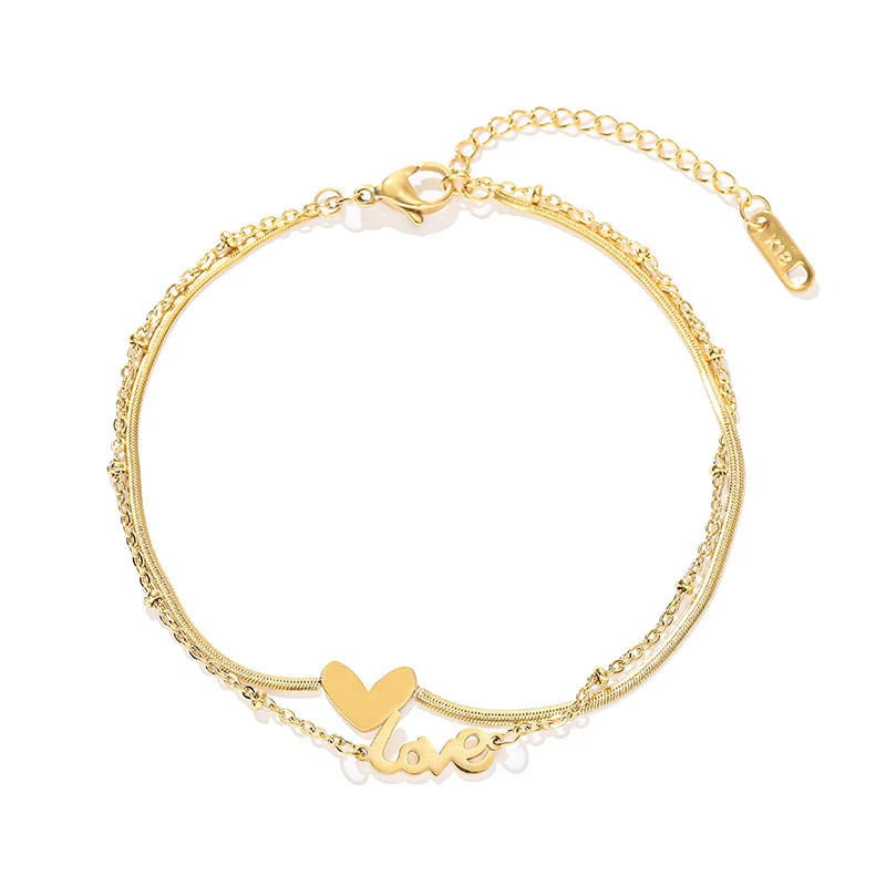 Luxury Brand Jewelry Double Layer Heart Love Letter Anklet Snake Chain Women Gold Color Stainless Steel Ladies Jewelry Not Fade