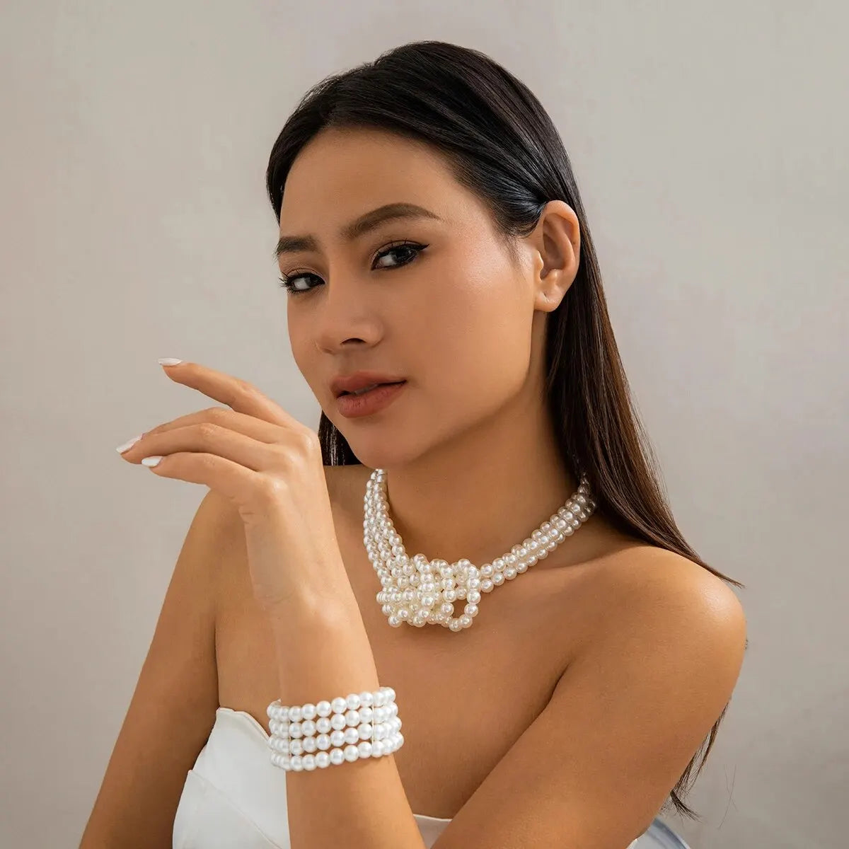 Korean Style 2Pcs Vintage White Imitation Pearl Necklace and Bracelet Jewelry Set for Women - Aesthetic Y2K Fashion