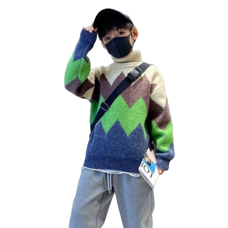 Boys Sweater Wool Coat Kids Tops Knitting 2024 Turtleneck Spring Autumn Plus Thicken Cottons Pullover Teenagers Children's Cloth