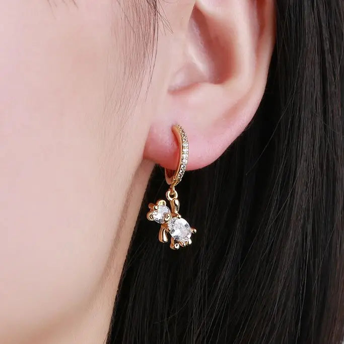 Crystal Geometry Animal Teddy Bear Lady Ear Buckle Simple New Design Lovely Jewelry Luxury Earrings 18K Gold Plated