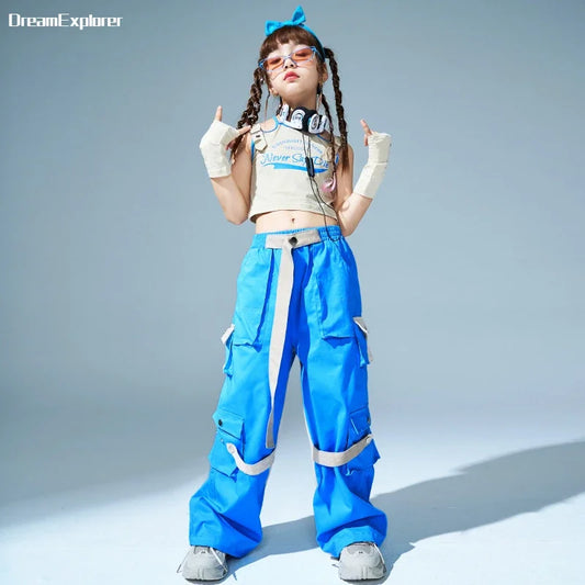 Hip Hop Girls Crop Tops Blue Loose Cargo Pants Child Tank Top Cool Streetwear Clothes Sets Kids Street Dance Jazz Stage Costumes