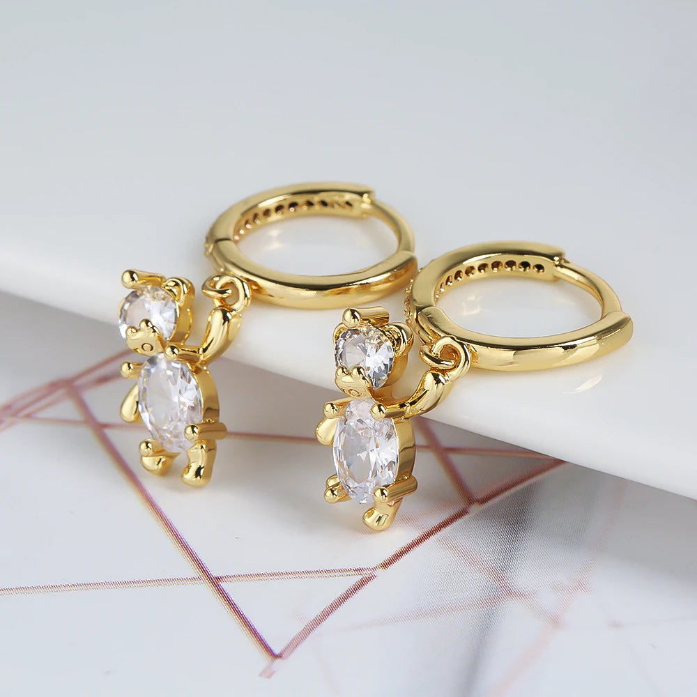 Crystal Geometry Animal Teddy Bear Lady Ear Buckle Simple New Design Lovely Jewelry Luxury Earrings 18K Gold Plated