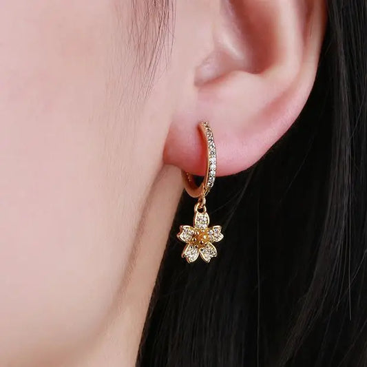 Orange Flower Geometric Diamond Inlaid Five Leaf Petal Plant Women's Ear Buckle Simple 18K Gold Plated Earrings Bridal Gift