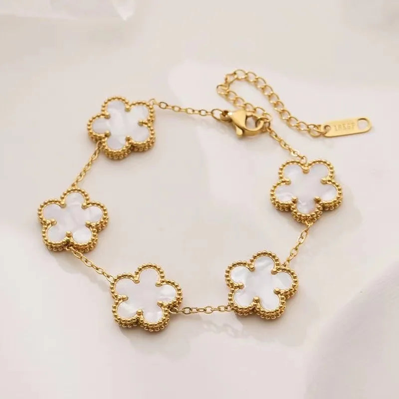 New Stainless Steel 15mm Plant Five Leaf Flower Double-Sided Adjustable Bracelet Waterproof High-Quality Clover