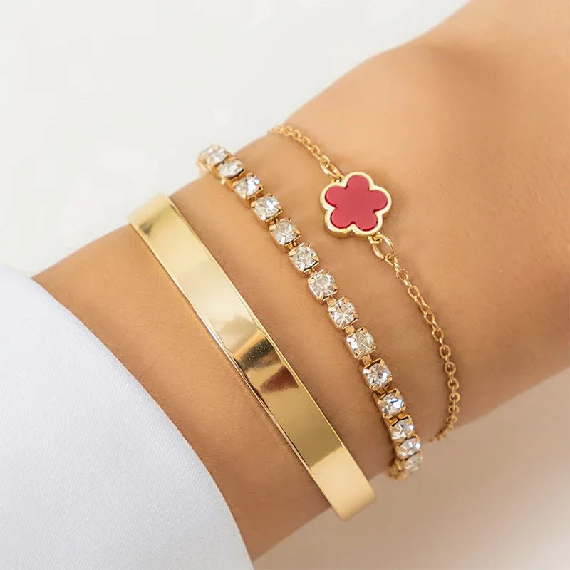 Adjustable 3-Piece Flower Charm Bracelet Set with Rhinestone and Clover Design for Women and Girls