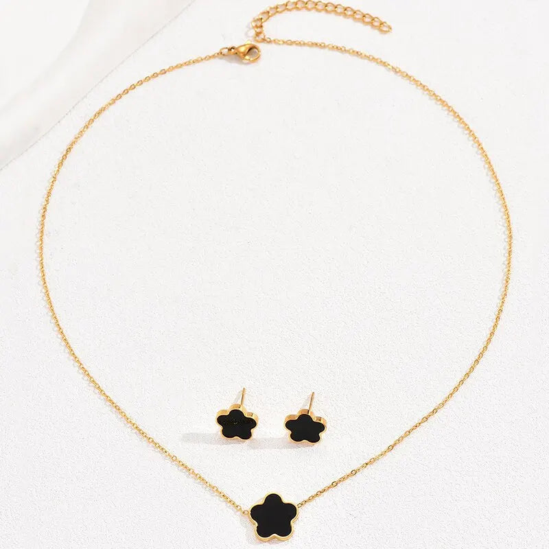 Women Shell Flower Necklace Stud Earring Set Women Black White Color Pendant Earring 2 Pcs Jewelry Set Fashion Style Daily Wear