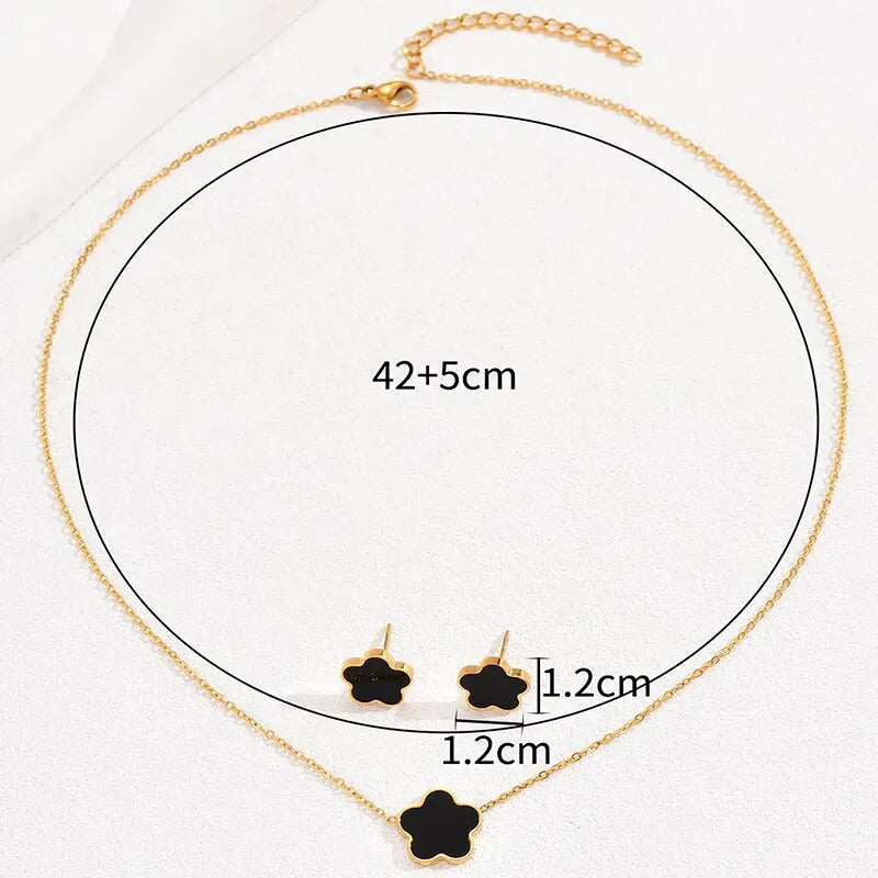 Women Shell Flower Necklace Stud Earring Set Women Black White Color Pendant Earring 2 Pcs Jewelry Set Fashion Style Daily Wear