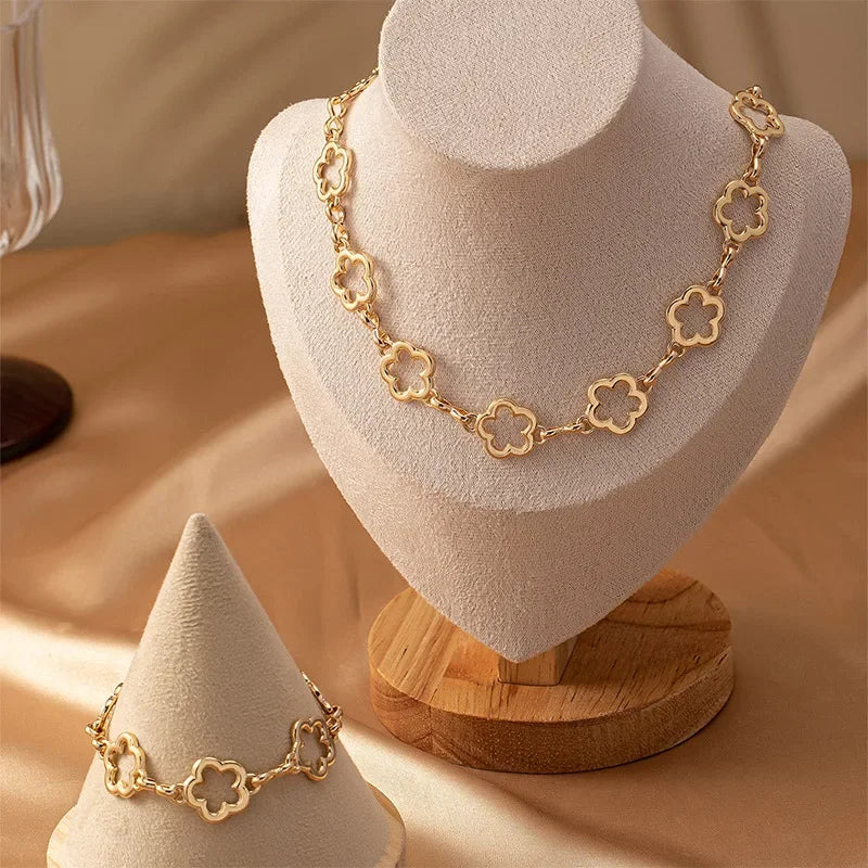 Flower Jewelry Set For Women Retro Necklace Bracelet Geometric Two Piece Suit Holiday Party Gift OL AS013